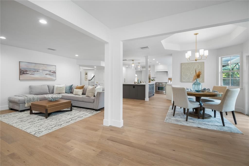 Chandelier, Dining room, Interior, Kitchen, Living room, Pendant Lights, Recessed Lighting, Wood Texture Flooring