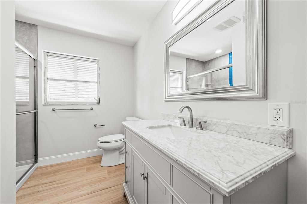 Bathroom, Interior, Recessed Lighting, Wood Texture Flooring