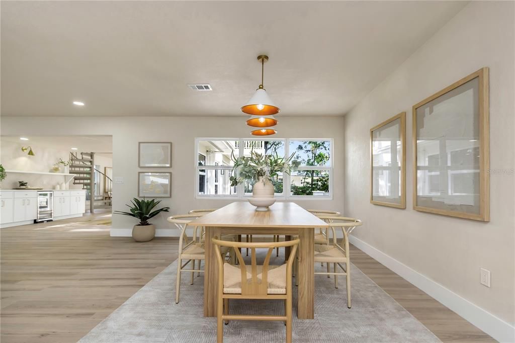 Dining room, Interior, Pendant Lights, Recessed Lighting, Wood Texture Flooring