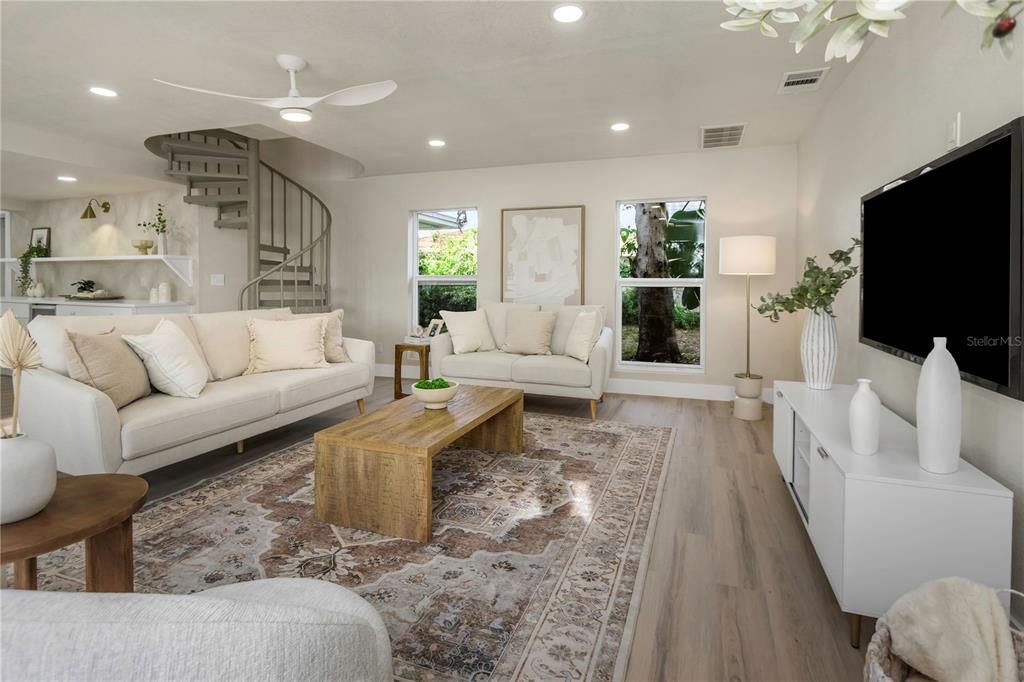 Interior, Kitchen, Living room, Recessed Lighting, Wood Texture Flooring