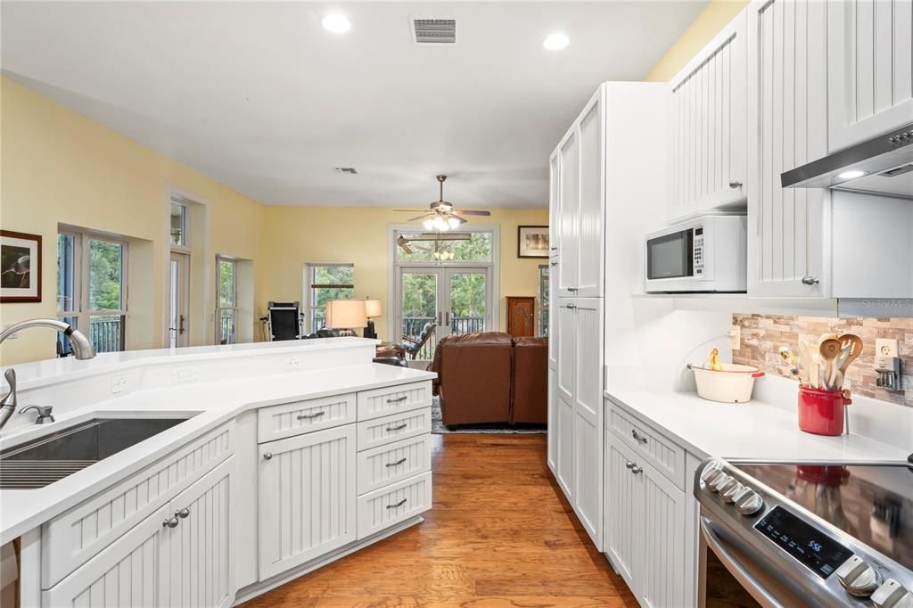 Interior, Kitchen, Living room, Recessed Lighting, Stainless Steel Appliances, Wood Texture Flooring