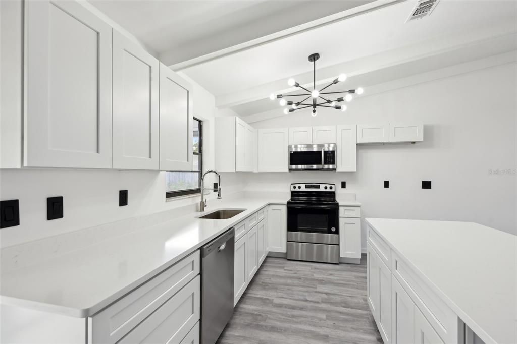 Interior, Kitchen, Pendant Lights, Stainless Steel Appliances, Wood Texture Flooring