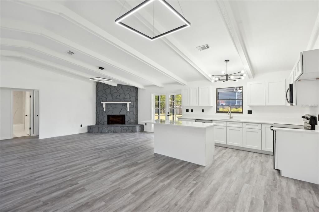 Fireplace, Interior, Kitchen, Pendant Lights, Wood Texture Flooring
