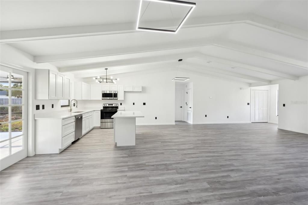 Interior, Kitchen, Pendant Lights, Stainless Steel Appliances, Wood Texture Flooring