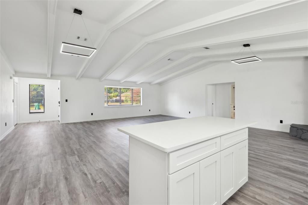 Empty room, Interior, Pendant Lights, Wood Texture Flooring