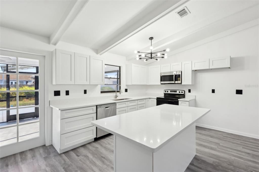 Interior, Kitchen, Pendant Lights, Stainless Steel Appliances, Wood Texture Flooring