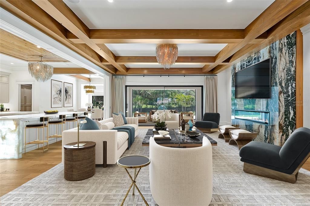 Chandelier, Fireplace, Interior, Living room, Pendant Lights, Recessed Lighting, Wood Texture Flooring