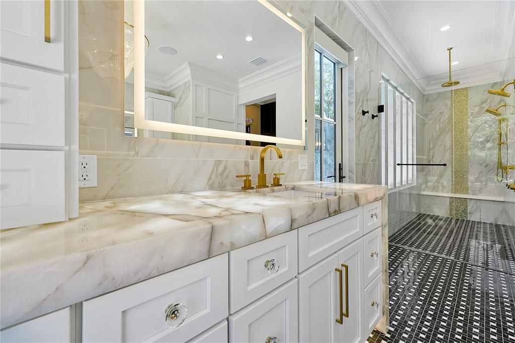 Bathroom, Glass Shower, Interior, Marble Walls, Recessed Lighting
