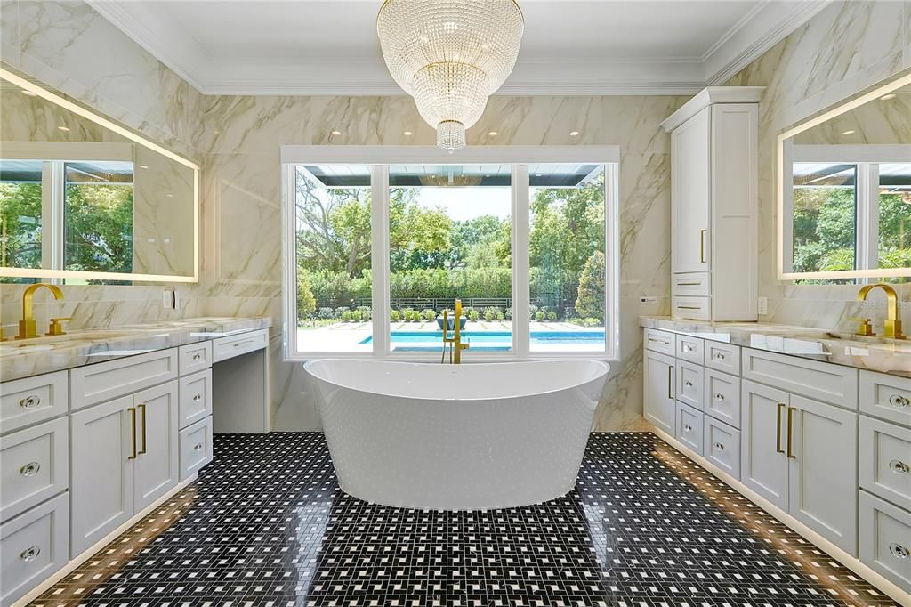 Bathroom, Chandelier, Dual Sink Vanities, Free Standing Baths, Interior, Marble Walls