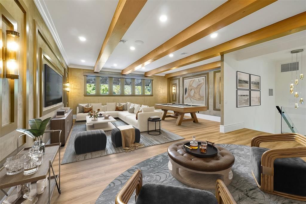 Billiard Table, Game Room, Interior, Living room, Pendant Lights, Recessed Lighting, Wooden Beams, Wood Texture Flooring