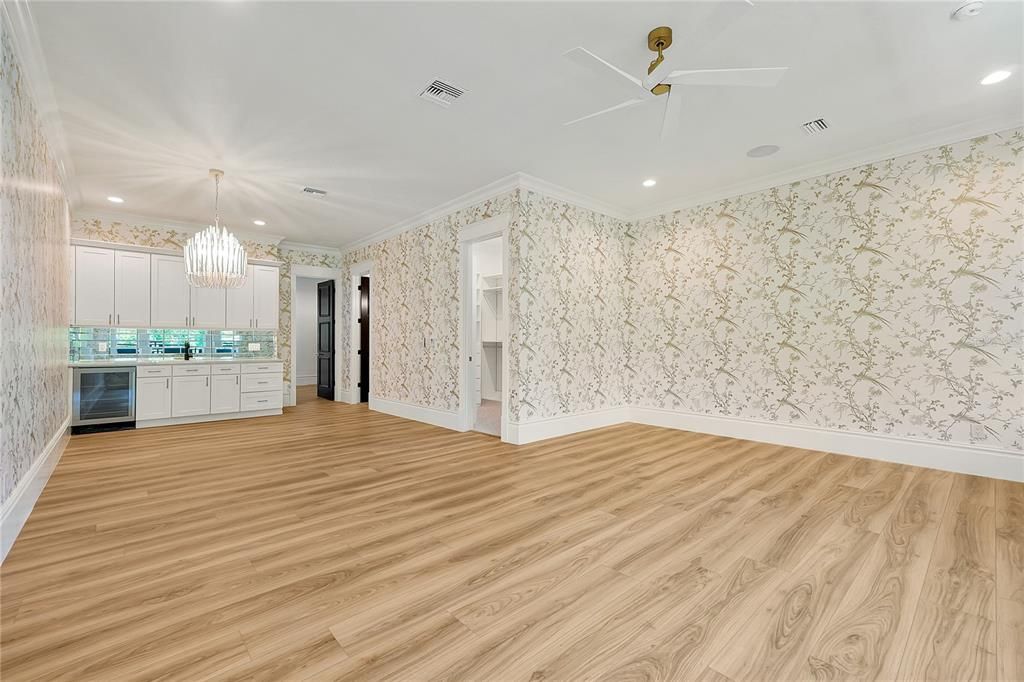 Chandelier, Empty room, Interior, Kitchen, Recessed Lighting, Wood Texture Flooring