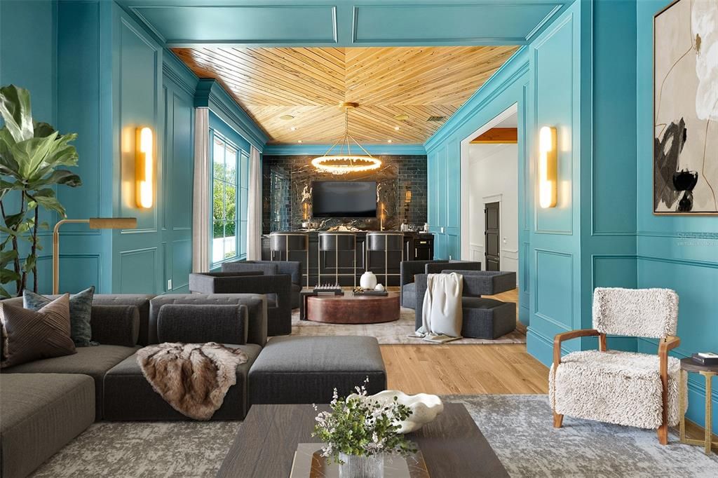 Interior, Living room, Recessed Lighting, Wooden Ceilings, Wood Texture Flooring