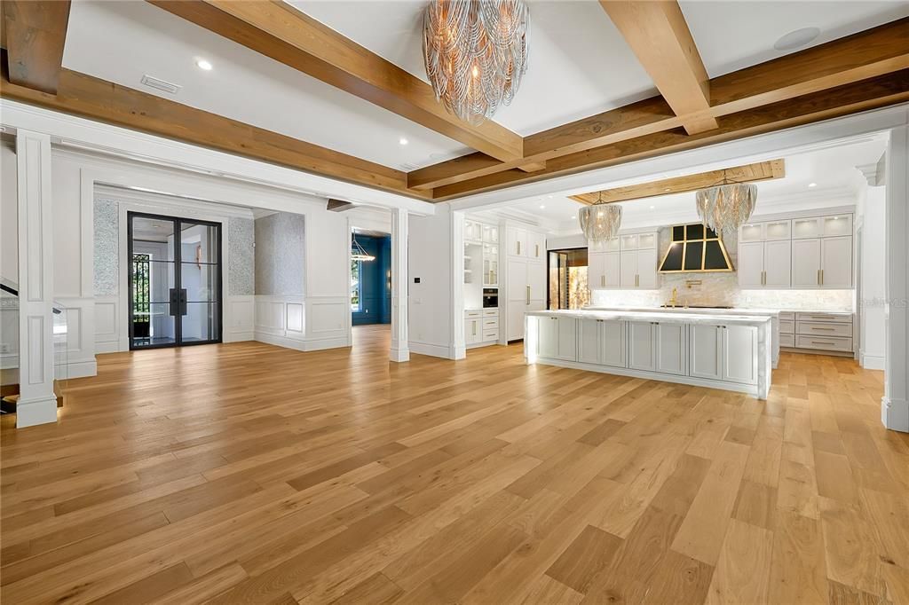 Chandelier, Empty room, Interior, Kitchen, Recessed Lighting, Wooden Beams, Wood Texture Flooring