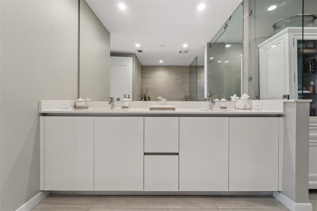 Bathroom, Dual Sink Vanities, Glass Shower, Interior, Recessed Lighting