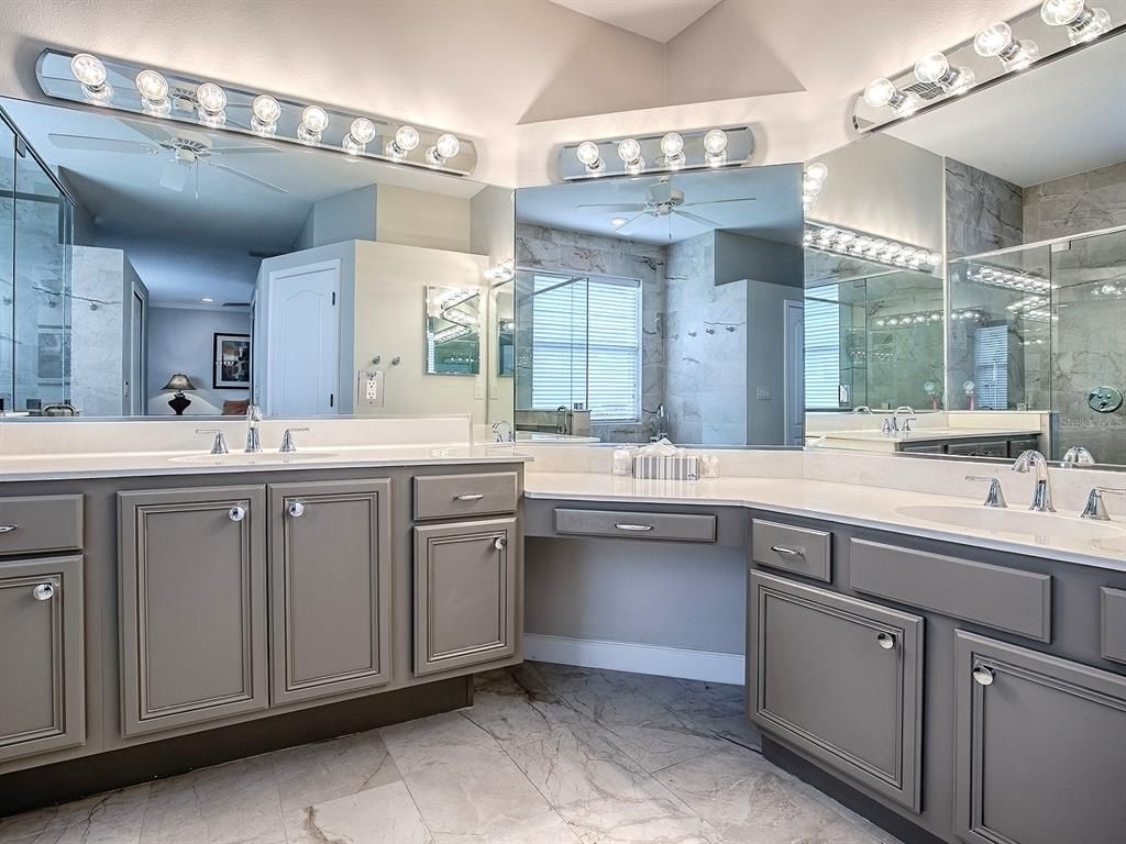 Bathroom, Dual Sink Vanities, Glass Shower, Interior, Marble