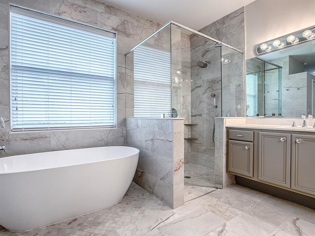 Bathroom, Free Standing Baths, Glass Shower, Interior, Marble, Marble Walls