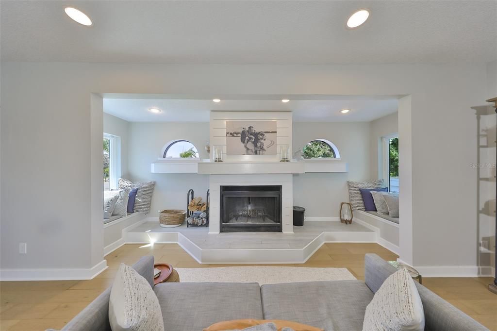 Fireplace, Interior, Living room, Recessed Lighting, Wood Texture Flooring