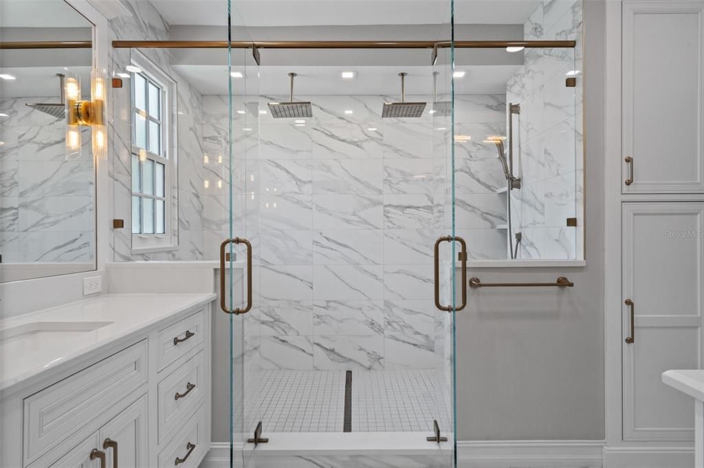 Bathroom, Glass Shower, Interior, Marble Walls, Recessed Lighting