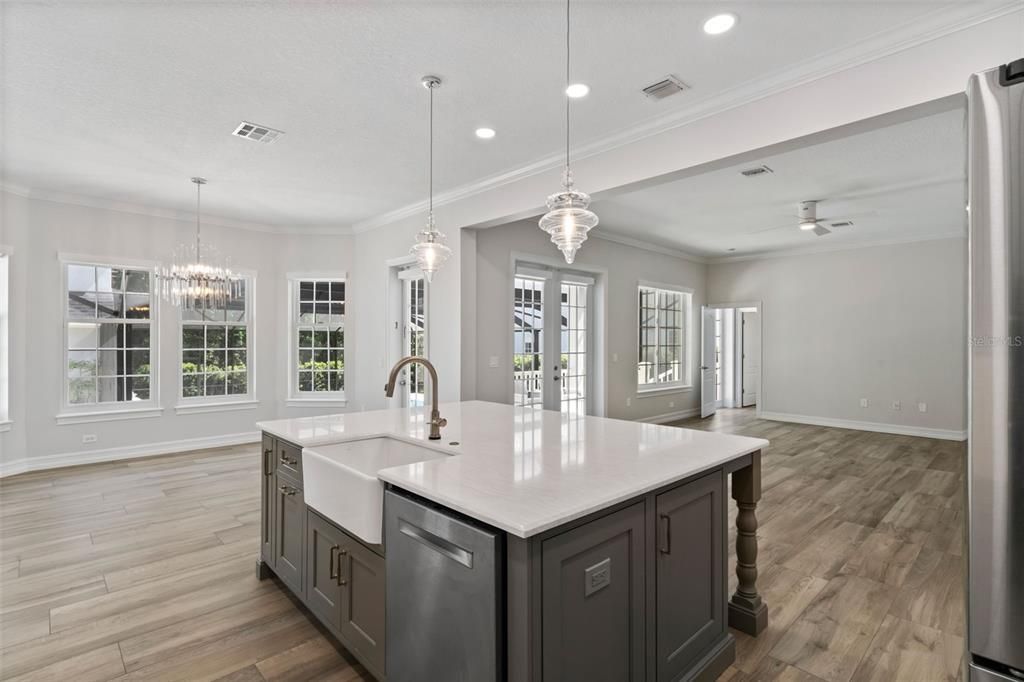 Chandelier, Interior, Kitchen, Pendant Lights, Recessed Lighting, Wood Texture Flooring