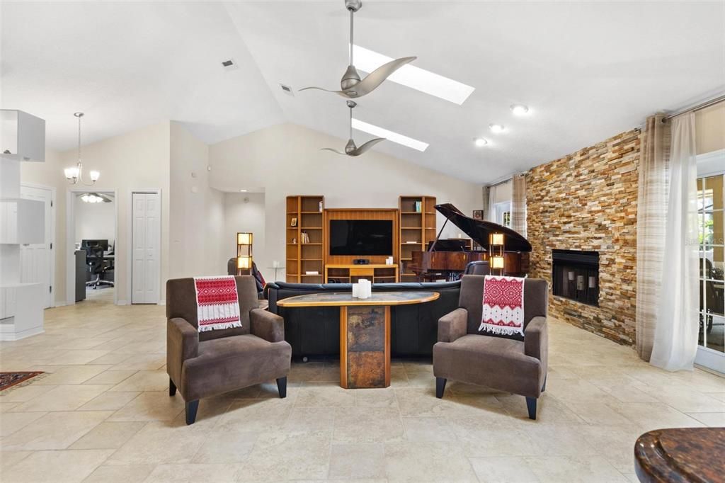Fireplace, Interior, Living room, Pendant Lights, Recessed Lighting, Stone Walls