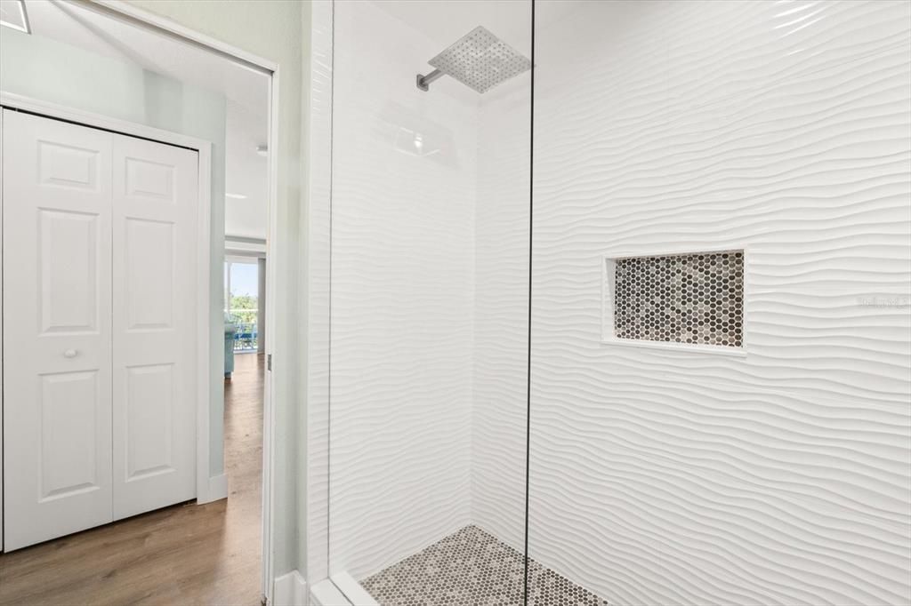 Bathroom, Glass Shower, Interior, Wood Texture Flooring