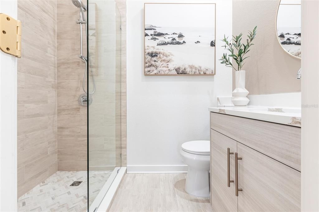 Bathroom, Glass Shower, Interior, Wood Texture Flooring