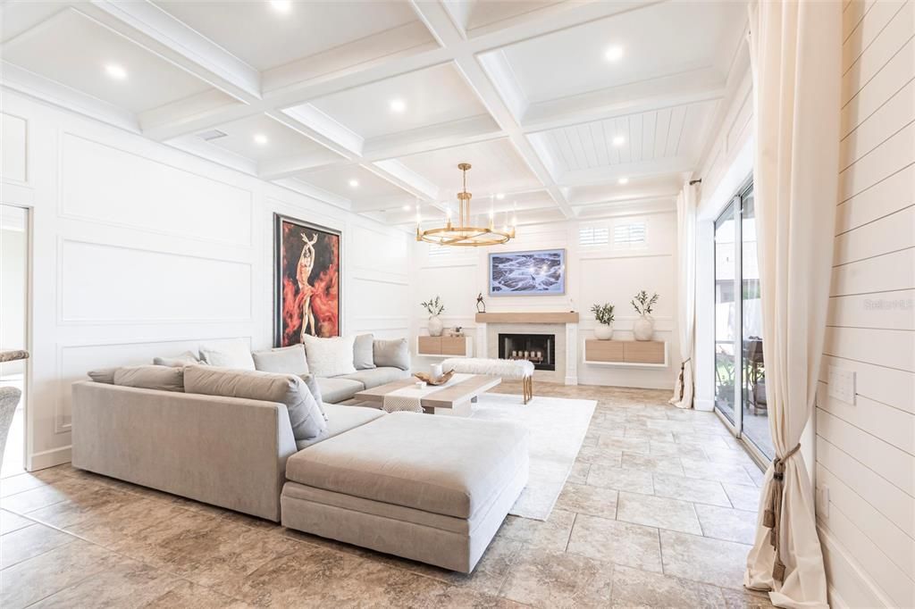 Chandelier, Fireplace, Interior, Living room, Recessed Lighting