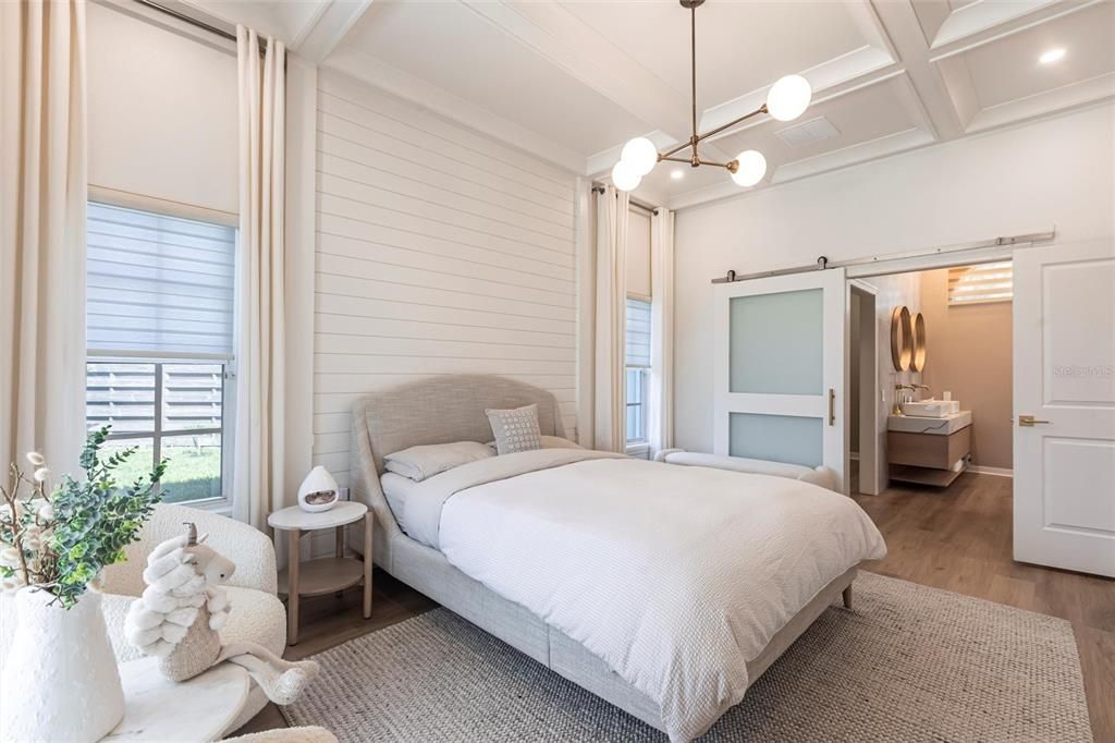Bedroom, Interior, Pendant Lights, Recessed Lighting, Wood Texture Flooring