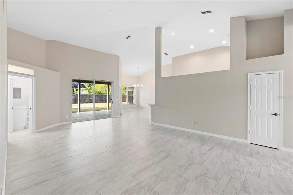 Empty room, Interior, Marble, Pendant Lights, Recessed Lighting, Wood Texture Flooring