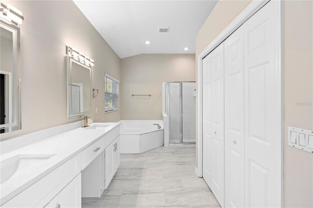 Bathroom, Dual Sink Vanities, Glass Shower, Interior, Marble, Recessed Lighting