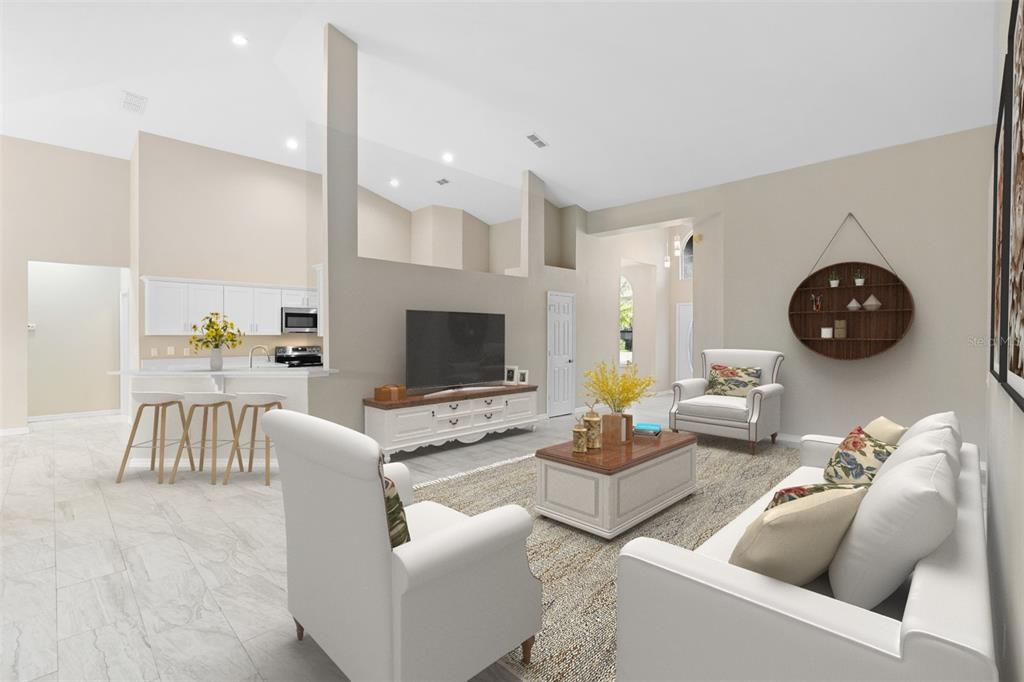Interior, Kitchen, Living room, Marble, Recessed Lighting, Stainless Steel Appliances