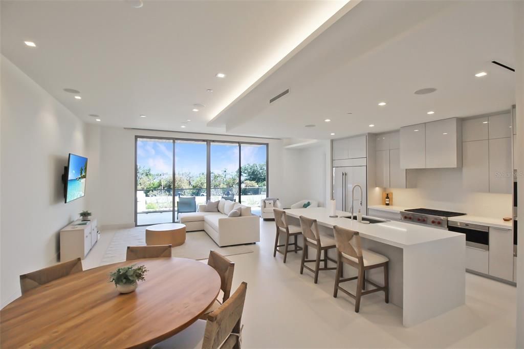 Dining room, Interior, Kitchen, Living room, Recessed Lighting, Stainless Steel Appliances