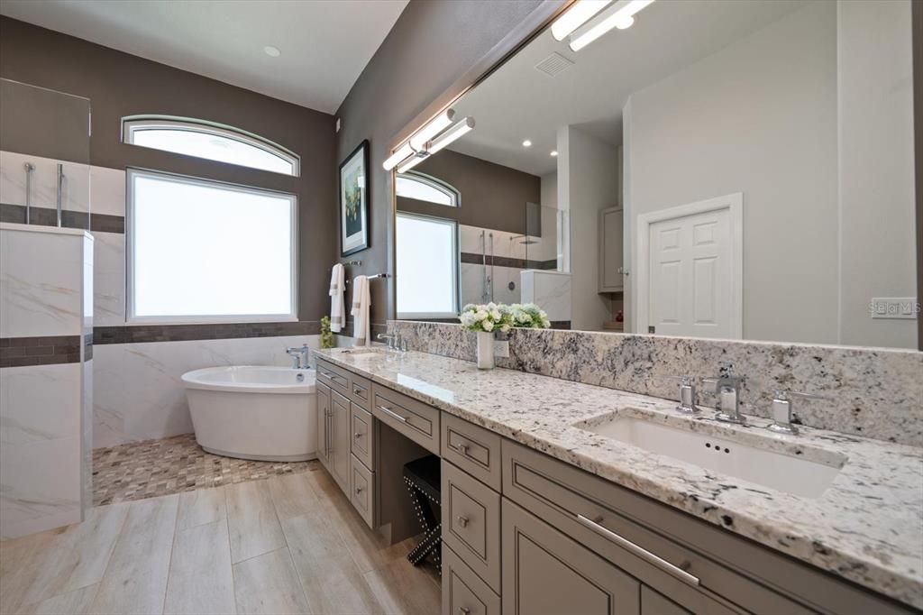 Bathroom, Dual Sink Vanities, Free Standing Baths, Interior, Recessed Lighting, Wood Texture Flooring