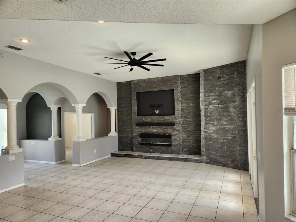 Fireplace, Interior, Recessed Lighting, Stone Walls