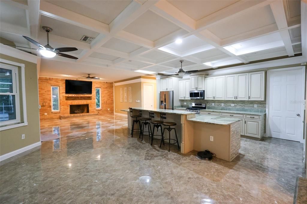 Fireplace, Interior, Kitchen, Recessed Lighting, Stainless Steel Appliances