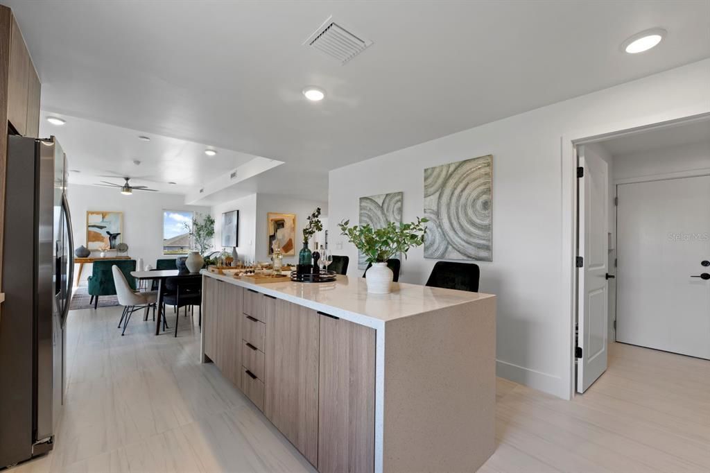 Dining room, Interior, Kitchen, Recessed Lighting, Wood Texture Flooring