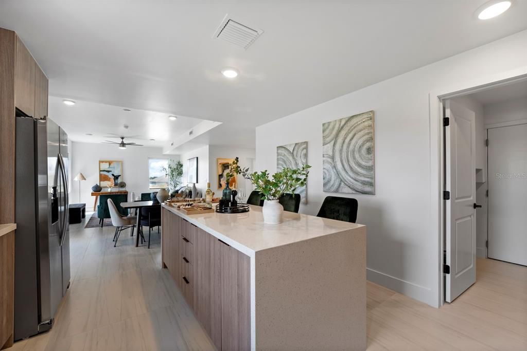 Dining room, Interior, Kitchen, Recessed Lighting, Wood Texture Flooring