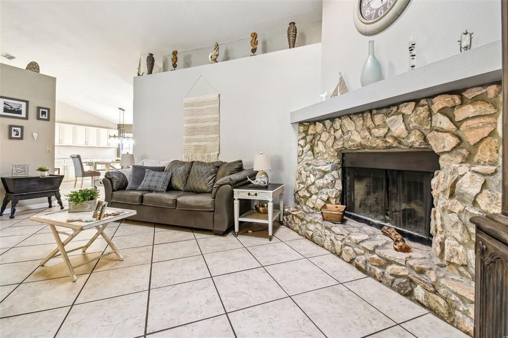 Dining room, Fireplace, Interior, Living room, Pendant Lights, Stone Walls