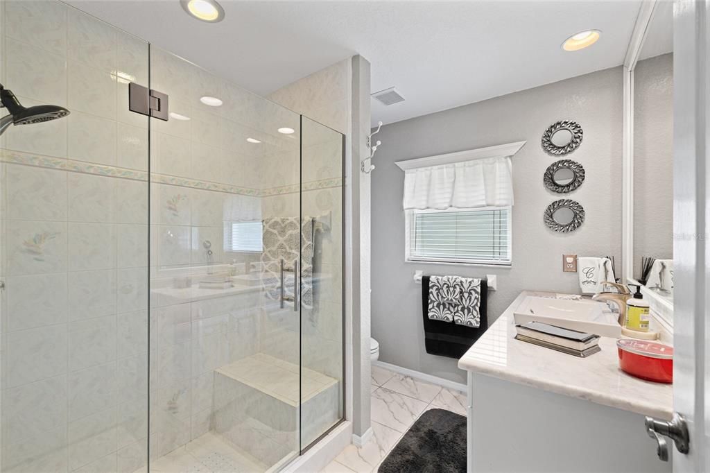 Bathroom, Glass Shower, Interior, Marble, Recessed Lighting