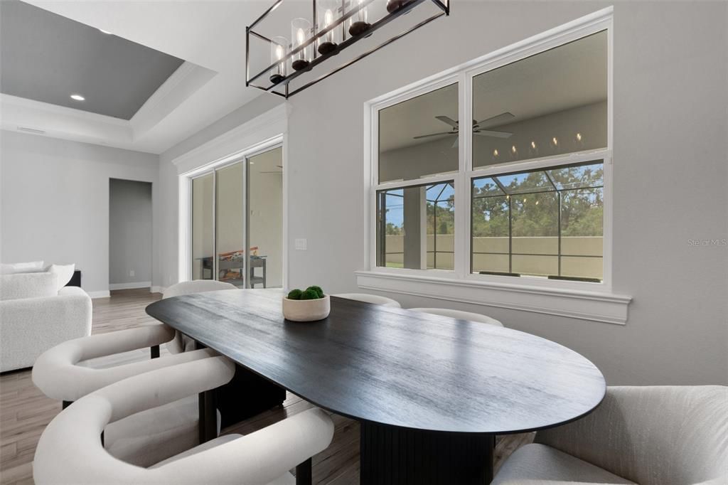 Dining room, Interior, Pendant Lights, Recessed Lighting, Wood Texture Flooring