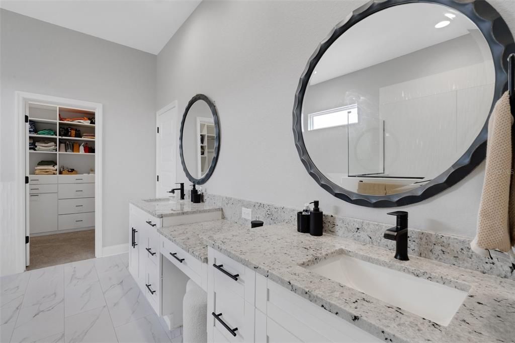 Bathroom, Dual Sink Vanities, Interior, Marble, Recessed Lighting