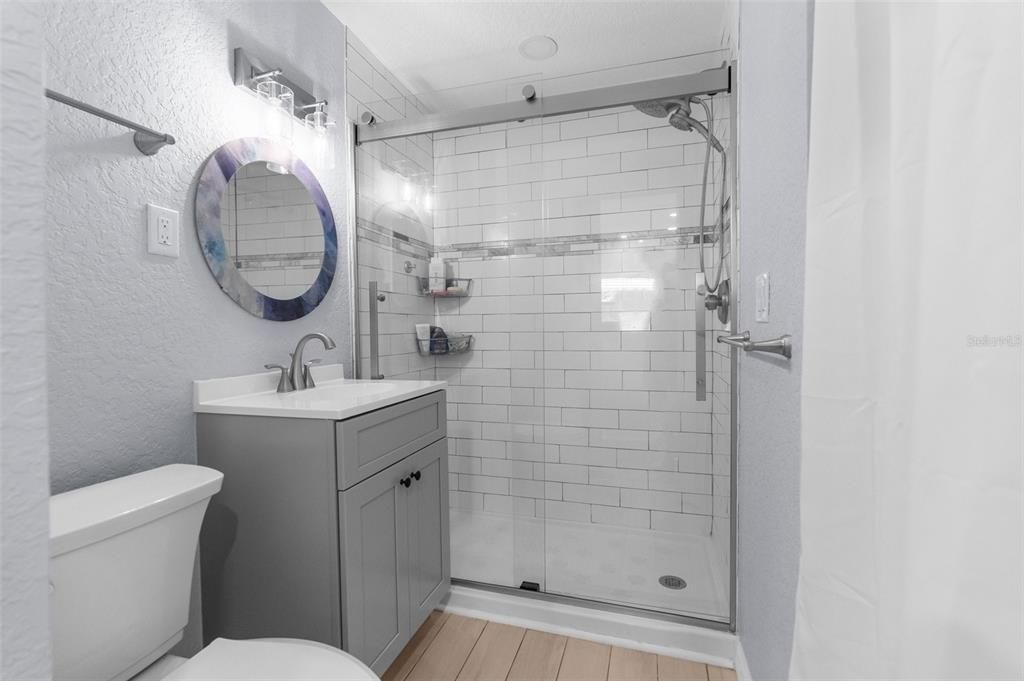 Bathroom, Glass Shower, Interior, Wood Texture Flooring