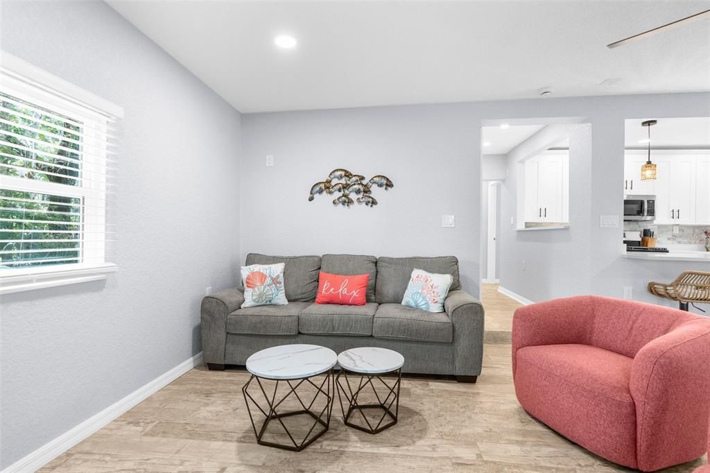 Interior, Kitchen, Living room, Pendant Lights, Recessed Lighting, Wood Texture Flooring