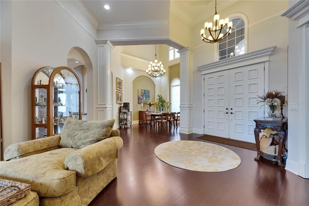 Chandelier, Dining room, Fireplace, Interior, Recessed Lighting, Wood Texture Flooring