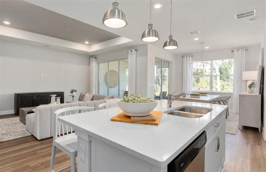 Dining room, Interior, Kitchen, Living room, Pendant Lights, Recessed Lighting, Wood Texture Flooring