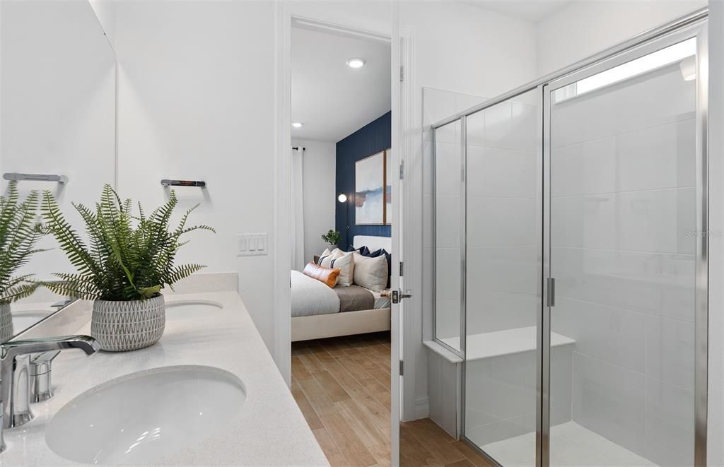 Bathroom, Bedroom, Glass Shower, Interior, Recessed Lighting, Wood Texture Flooring