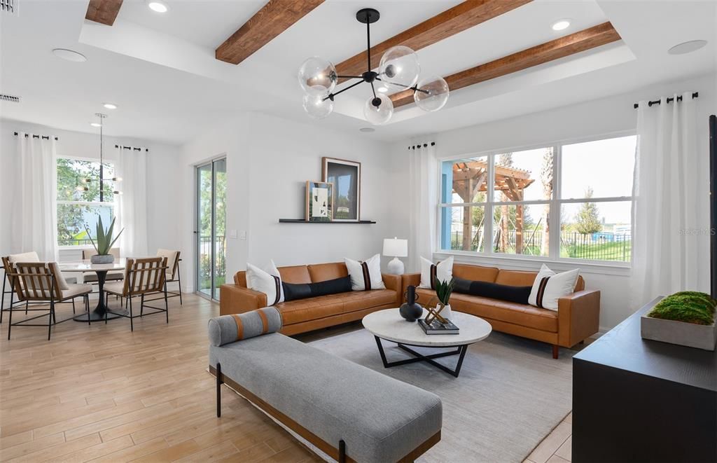Dining room, Interior, Living room, Pendant Lights, Recessed Lighting, Wooden Beams, Wood Texture Flooring