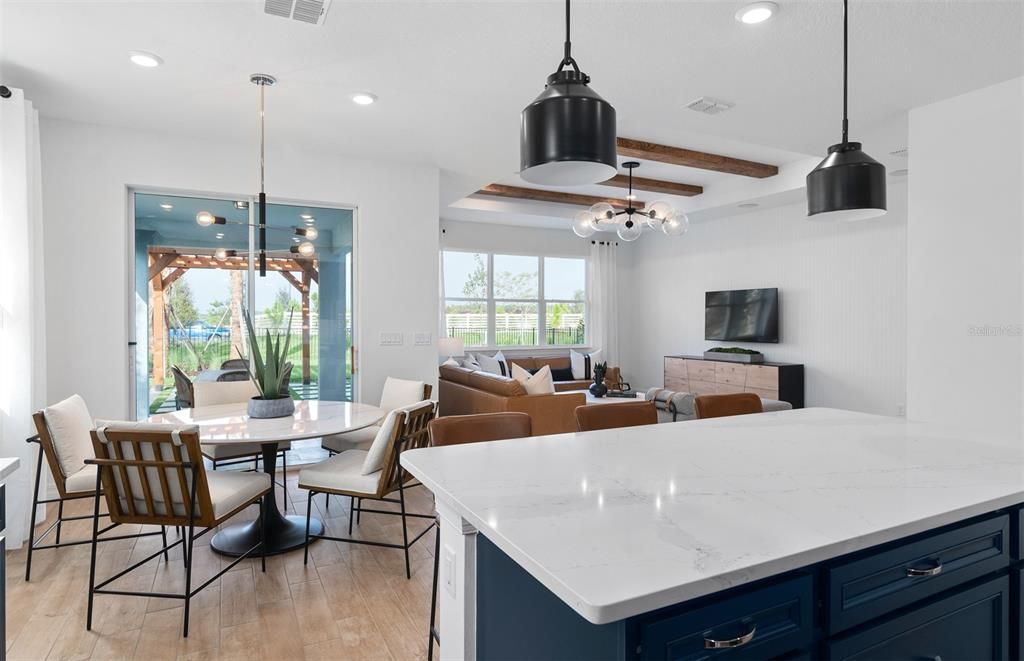 Dining room, Interior, Living room, Pendant Lights, Recessed Lighting, Wooden Beams, Wood Texture Flooring