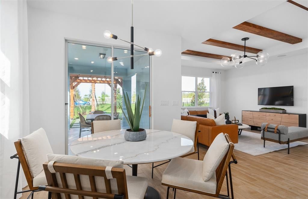 Dining room, Interior, Living room, Pendant Lights, Recessed Lighting, Wooden Beams, Wood Texture Flooring