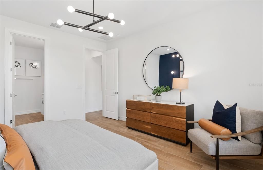 Bedroom, Interior, Pendant Lights, Wood Texture Flooring